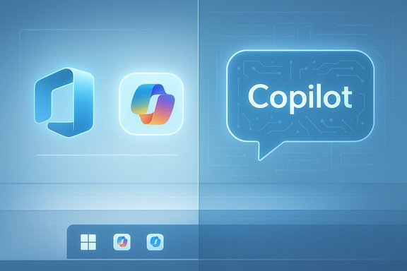Futuristic blue UI with a large Copilot speech bubble and colorful app icons on a digital panel.