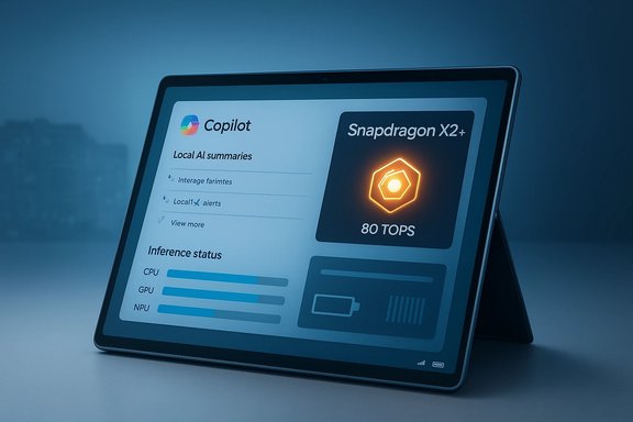 A sleek tablet displays Copilot AI summaries and a Snapdragon X2+ badge.