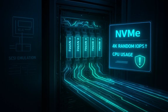 Neon-lit data center rack with NVMe drives and glowing circuit paths.