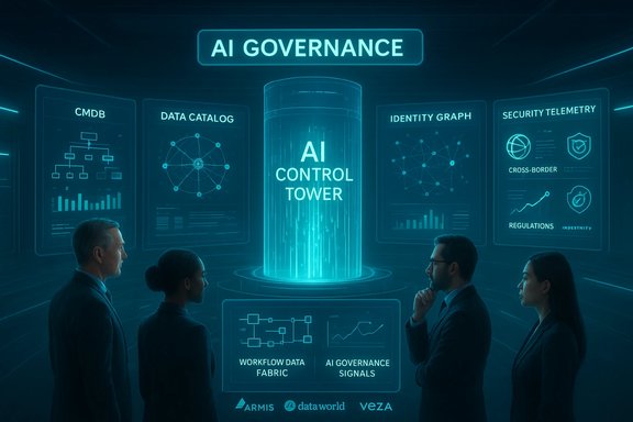 Futuristic AI governance hub centered on a glowing AI Control Tower, with analysts reviewing dashboards.