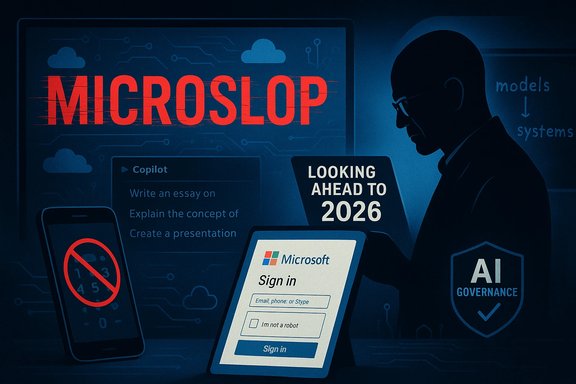 Dark blue illustration: silhouette beside a screen labeled MICROSLOP with “Looking ahead to 2026” and AI governance imagery.