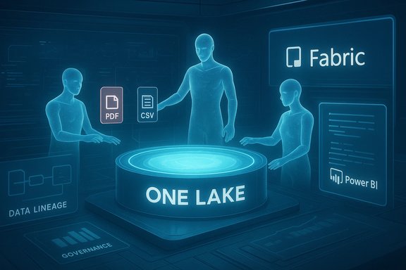 Futuristic data hub 'One Lake' around Fabric with PDF/CSV icons and governance.