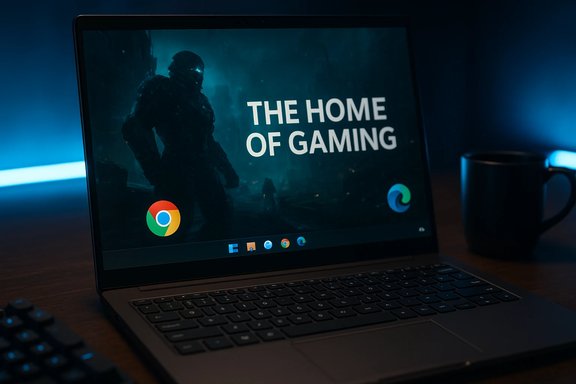 Laptop screen displays “THE HOME OF GAMING” with a sci‑fi armored figure wallpaper.
