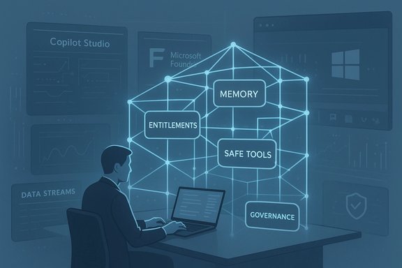 Person at a laptop analyzes a glowing network diagram labeled memory, entitlements, safe tools and governance.