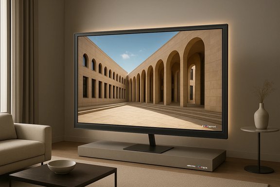 A large flat-screen TV displays a sunlit courtyard with arched colonnades, in a modern beige living room. A large flat-screen TV displays a sunlit courtyard with arched colonnades, in a modern beige living room.