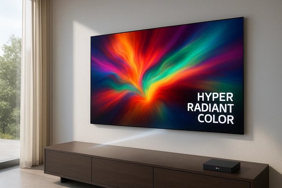A wall-mounted TV displays a vibrant rainbow burst and the words Hyper Radiant Color in a modern living room. A wall-mounted TV displays a vibrant rainbow burst and the words Hyper Radiant Color in a modern living room.