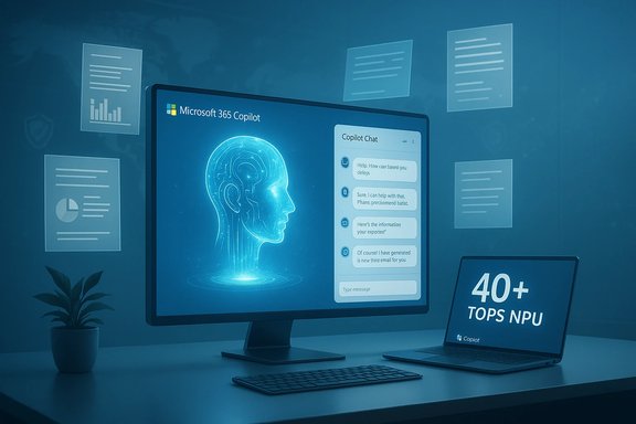 Microsoft 365 Copilot on a monitor shows an AI brain hologram and chat window with a 40+ TOPS NPU laptop.