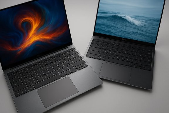 Two Dell laptops sit side by side, each with a different wallpaper.