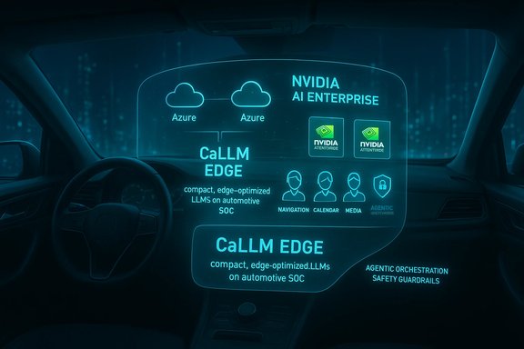 Futuristic car dashboard with a holographic display showing NVIDIA AI Enterprise and CALM EDGE.