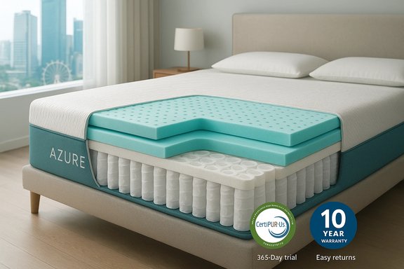 Azure mattress with teal foam layers shown in a modern, bright bedroom.