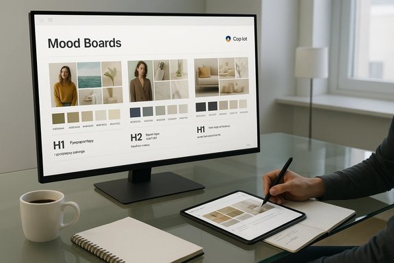 Designer creates mood boards on a large monitor while sketching on a tablet.