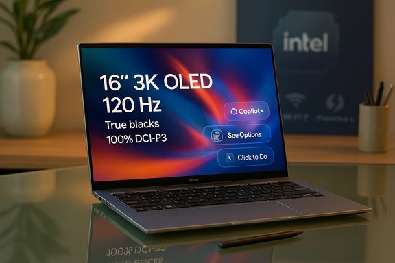 An Acer laptop on a glass desk shows 16' 3K OLED at 120 Hz with true blacks.