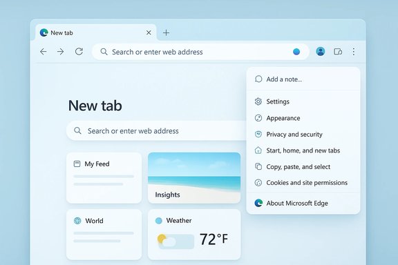 Light-blue Microsoft Edge new-tab page with a search bar and a floating settings menu. Light-blue Microsoft Edge new-tab page with a search bar and a floating settings menu.