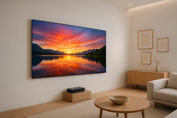 Minimalist living room with a large screen showing a fiery sunset over a lake. Minimalist living room with a large screen showing a fiery sunset over a lake.