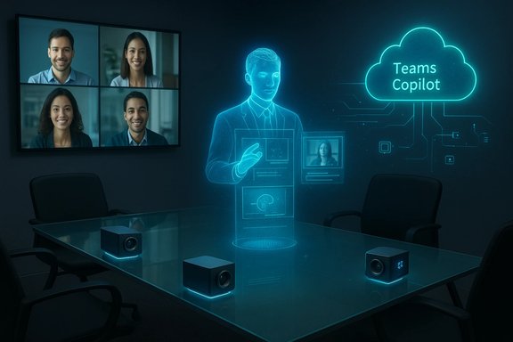 Holographic AI assistant displaying 'Teams Copilot' in a glass-walled conference room.