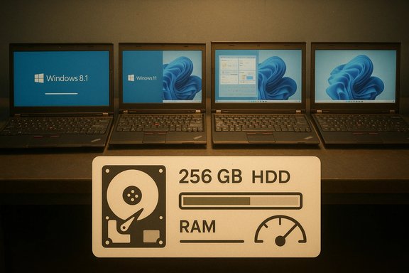 Four laptops on a display shelf showing Windows screens, with a big sign reading 256 GB HDD RAM. Four laptops on a display shelf showing Windows screens, with a big sign reading 256 GB HDD RAM.