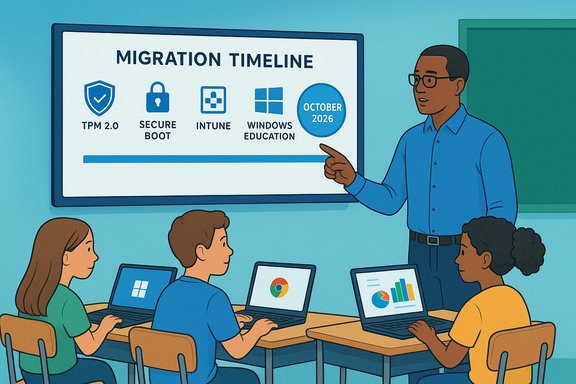 Instructor explains a migration timeline to students as laptops display related icons.