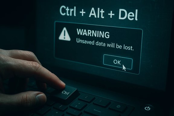 Hand presses Ctrl on a laptop as a warning indicates unsaved data will be lost.