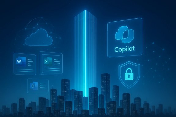 Futuristic city skyline with glowing cloud and data icons, featuring Copilot branding.