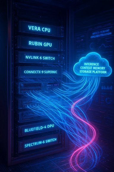 Neon-blue data-center rack of AI accelerators linked to a cloud inference memory storage platform.