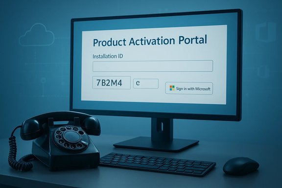 A computer monitor shows a Product Activation Portal login screen; a vintage telephone sits on the desk.
