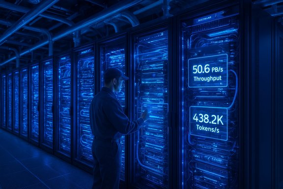 A technician monitors glowing blue server racks in a data center.