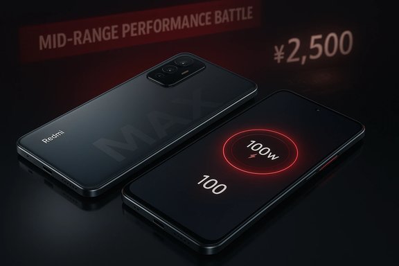 Two Redmi smartphones shown in a dark ad, highlighting 100W fast charging and mid‑range performance.