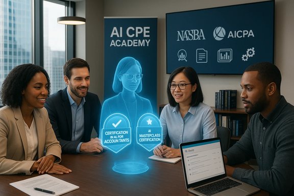 Diverse professionals discuss AI certifications with a glowing holographic AI assistant in a conference room. Diverse professionals discuss AI certifications with a glowing holographic AI assistant in a conference room.