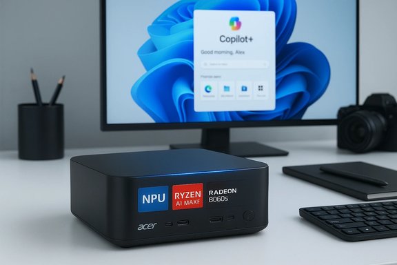 Acer mini PC with NPU, Ryzen AI Max, and Radeon 8060s sits on a desk in front of a monitor.
