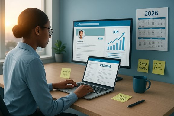 Person reviews a resume on a laptop while a KPI chart appears on the desktop monitor.