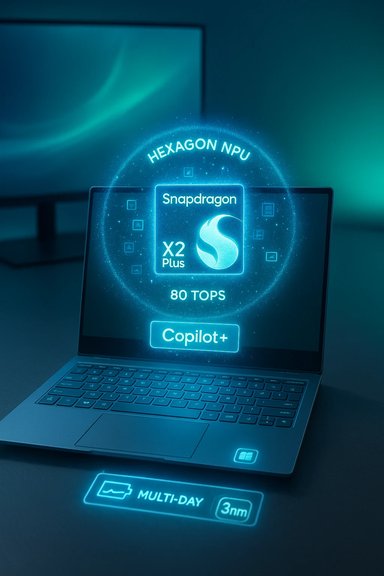 Blue holographic display on a laptop highlighting Snapdragon X2 Plus, 80 TOPS, and Copilot+.