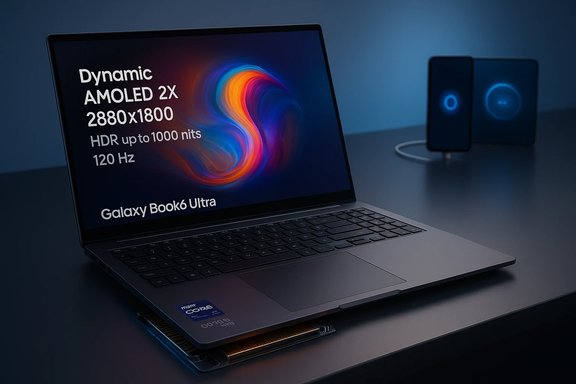 Galaxy Book2 Ultra: Dynamic AMOLED 2X display, 2880x1800, HDR up to 1000 nits, 120 Hz.
