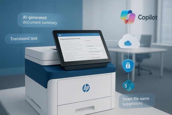 HP printer with AI Copilot features: AI-generated summaries, translated text, and smart file naming.