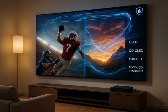 Cozy living room with a large wall-mounted TV showing football action and an OLED options panel. Cozy living room with a large wall-mounted TV showing football action and an OLED options panel.