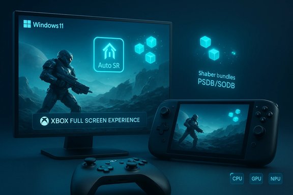Windows 11 promo showing Xbox full-screen gaming on a monitor and a handheld console.