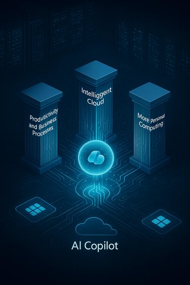 Three pillars: Productivity and Business Processes, Intelligent Cloud, and More Personal Computing, fueling AI Copilot.