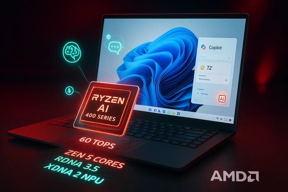 AMD laptop showcases Ryzen AI 400 Series chip with 60 TOPS, Zen 5 cores, RDNA 3.5, XDNA 2 NPU.
