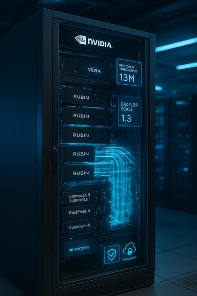 A blue-glow NVIDIA server rack featuring Rubin GPUs and exaflop-scale indicators.