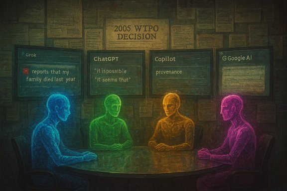 Four glowing figures sit around a table beneath AI panels labeled Grok, ChatGPT, Copilot, and Google AI.