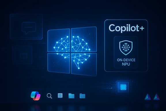 Futuristic Windows UI showcasing neural-network panels and Copilot+ on-device NPU.