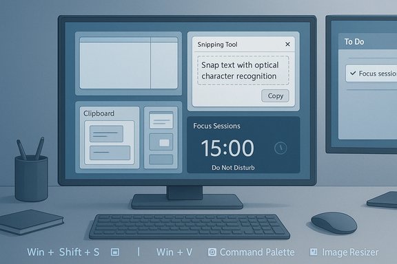 Blue-toned desktop workspace showing Snipping Tool, Clipboard, and Focus Sessions panels.