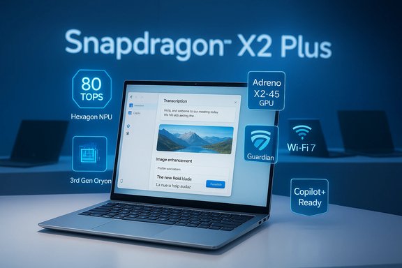 Laptop promo highlighting Snapdragon X2 Plus with 80 TOPS Hexagon NPU, Adreno GPU, and Wi‑Fi 7.