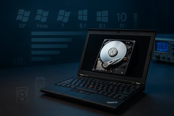 A ThinkPad laptop shows an exposed hard drive on its screen against a tech-themed backdrop.