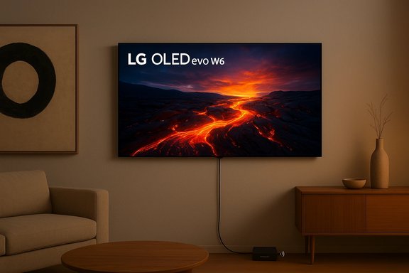 LG OLED evo V6 TV shows lava-lit sunset over volcanic terrain in a cozy living room. LG OLED evo V6 TV shows lava-lit sunset over volcanic terrain in a cozy living room.