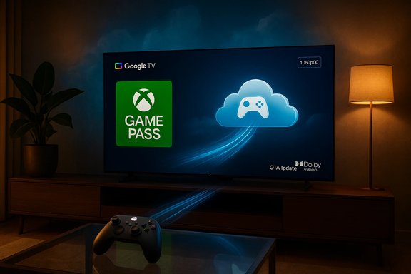 Cozy living room with a TV showing Google TV and Xbox Game Pass, a controller on the coffee table.