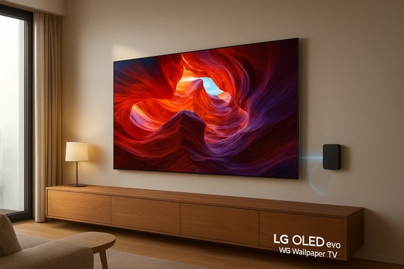 A wall-mounted LG OLED evo TV displays a fiery canyon image above a long wooden console in a modern living room. A wall-mounted LG OLED evo TV displays a fiery canyon image above a long wooden console in a modern living room.