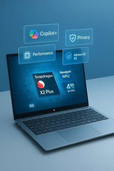 Laptop with floating panels highlighting Copilot+, Privacy, Performance, Adreno, and Snapdragon chips.