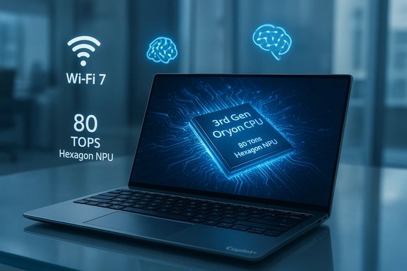 Blue-tinted laptop highlighting the 3rd Gen Oryon CPU with 80 TOPS Hexagon NPU and Wi-Fi 7.