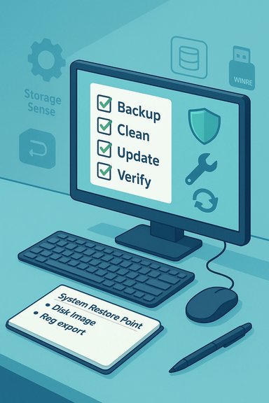 A computer screen shows a four-item backup checklist: Backup, Clean, Update, Verify. A computer screen shows a four-item backup checklist: Backup, Clean, Update, Verify.
