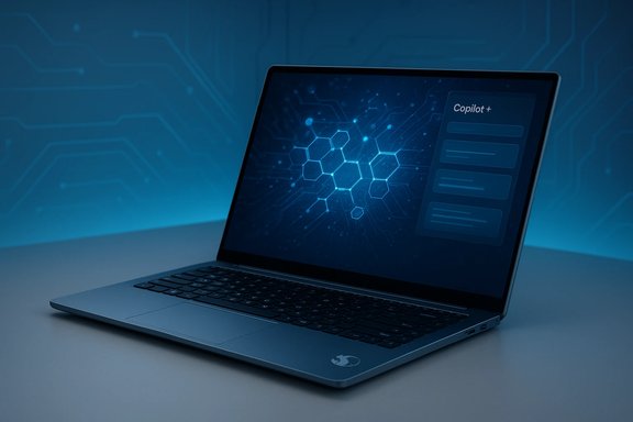 A laptop screen shows Copilot+ UI over a glowing hexagonal network design.